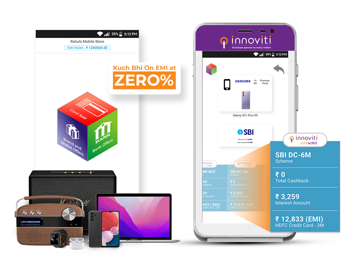 Graphic showing Genie EMI Wallet enables to sell any electronic product on EMI even which are not covered under brand or bank EMI offers.