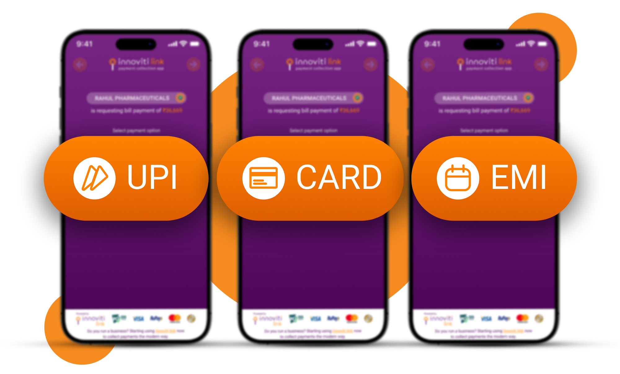 A graphic showing that you can accept payments through Card, EMI and UPI using Innoviti Link app.