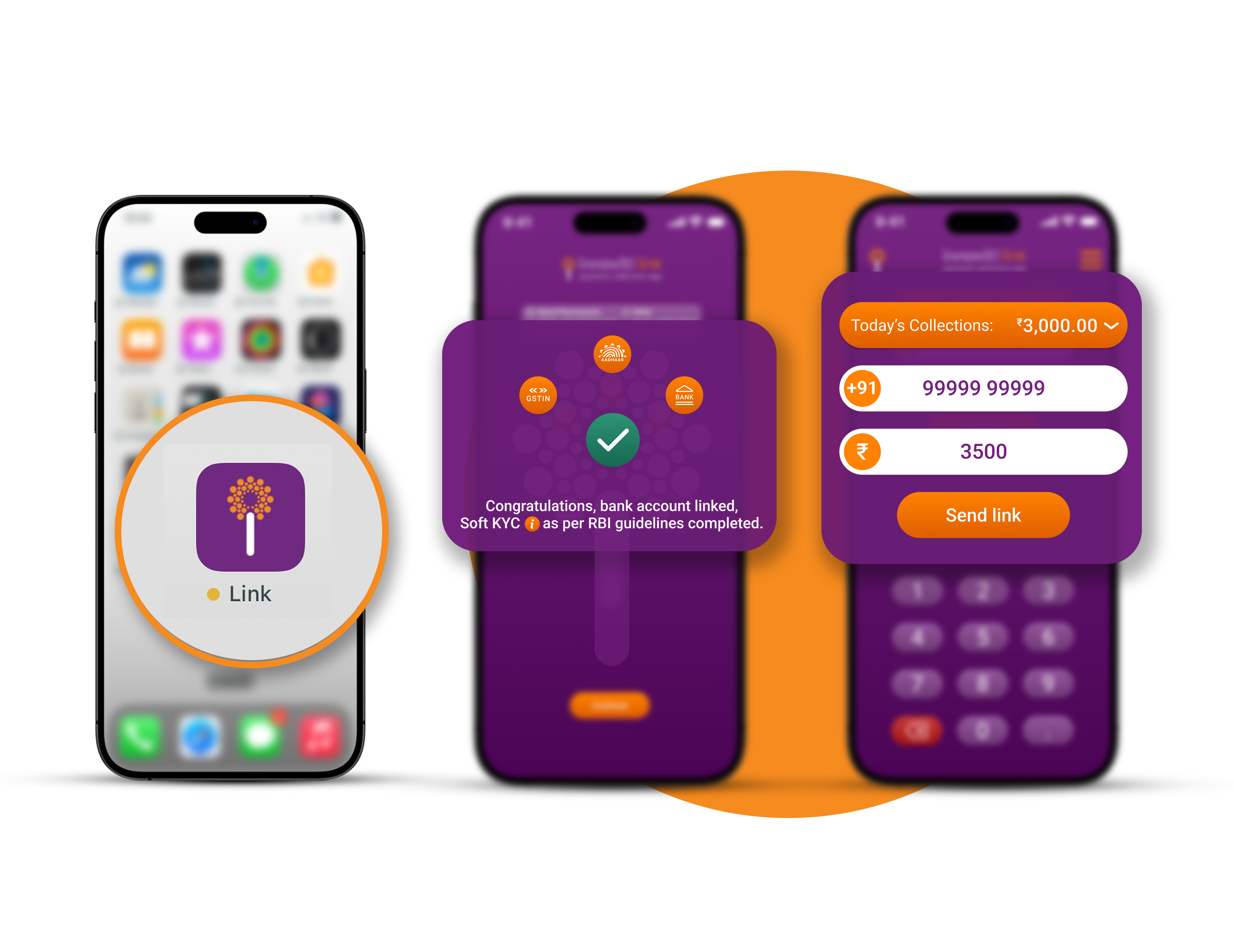 A graphic showing how to downloard, register, create and send payment links using Innoviti Link app.